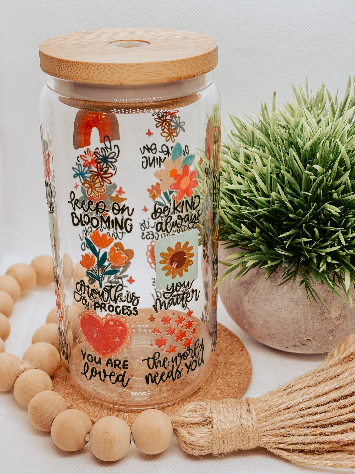 Positive Affirmation | 16oz Glass Cup with bamboo lid + clear glass straw