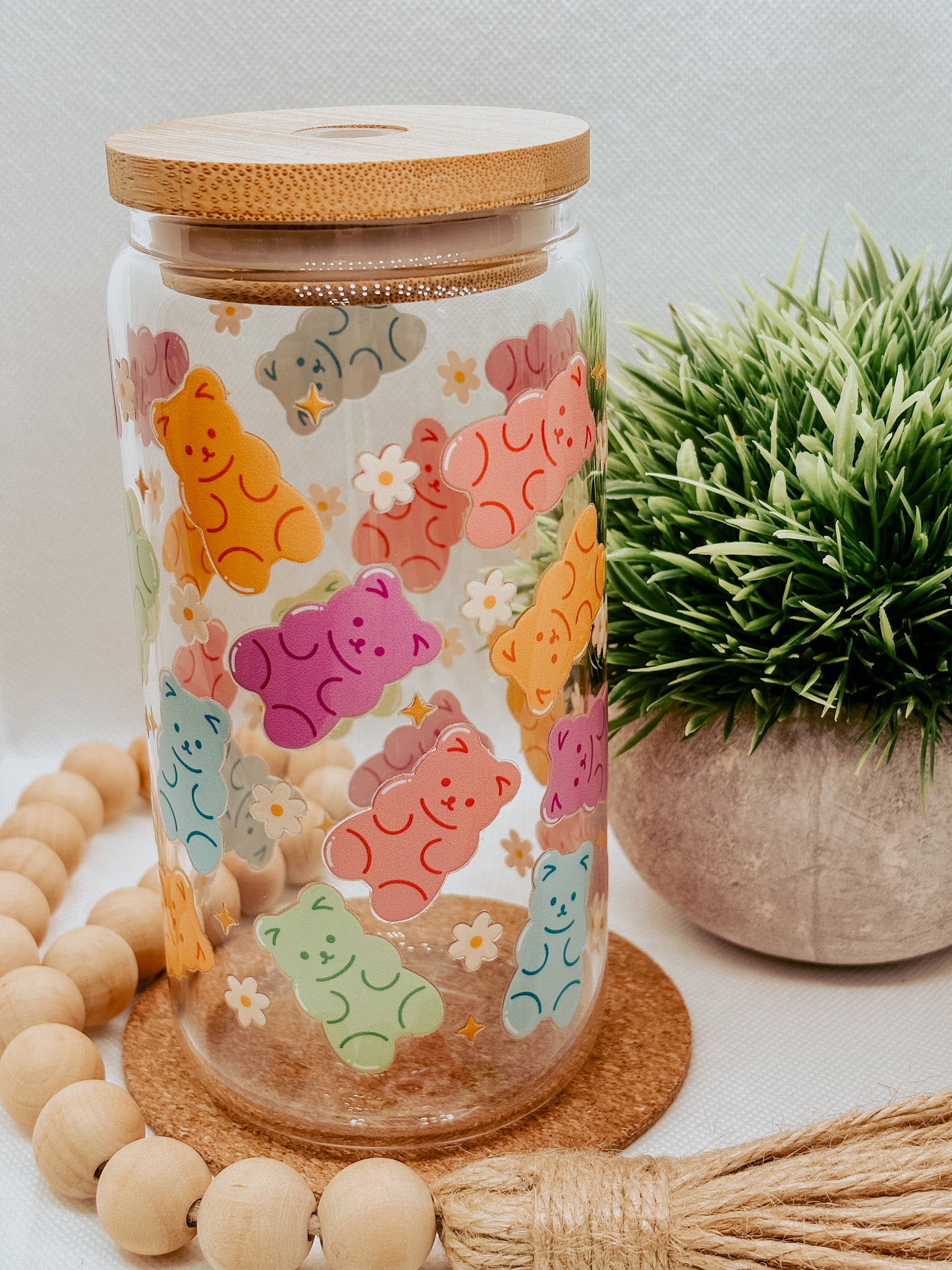 Colorful Gummy Bear | 16oz Glass Cup with bamboo lid + clear glass straw