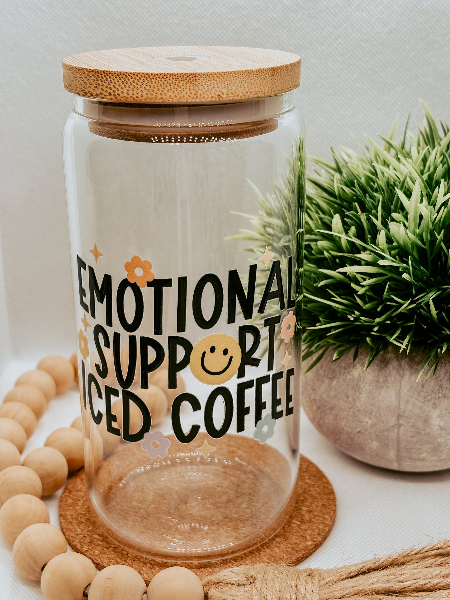 Emotional Support Iced Coffee | 16oz Glass Cup with bamboo lid + clear glass straw