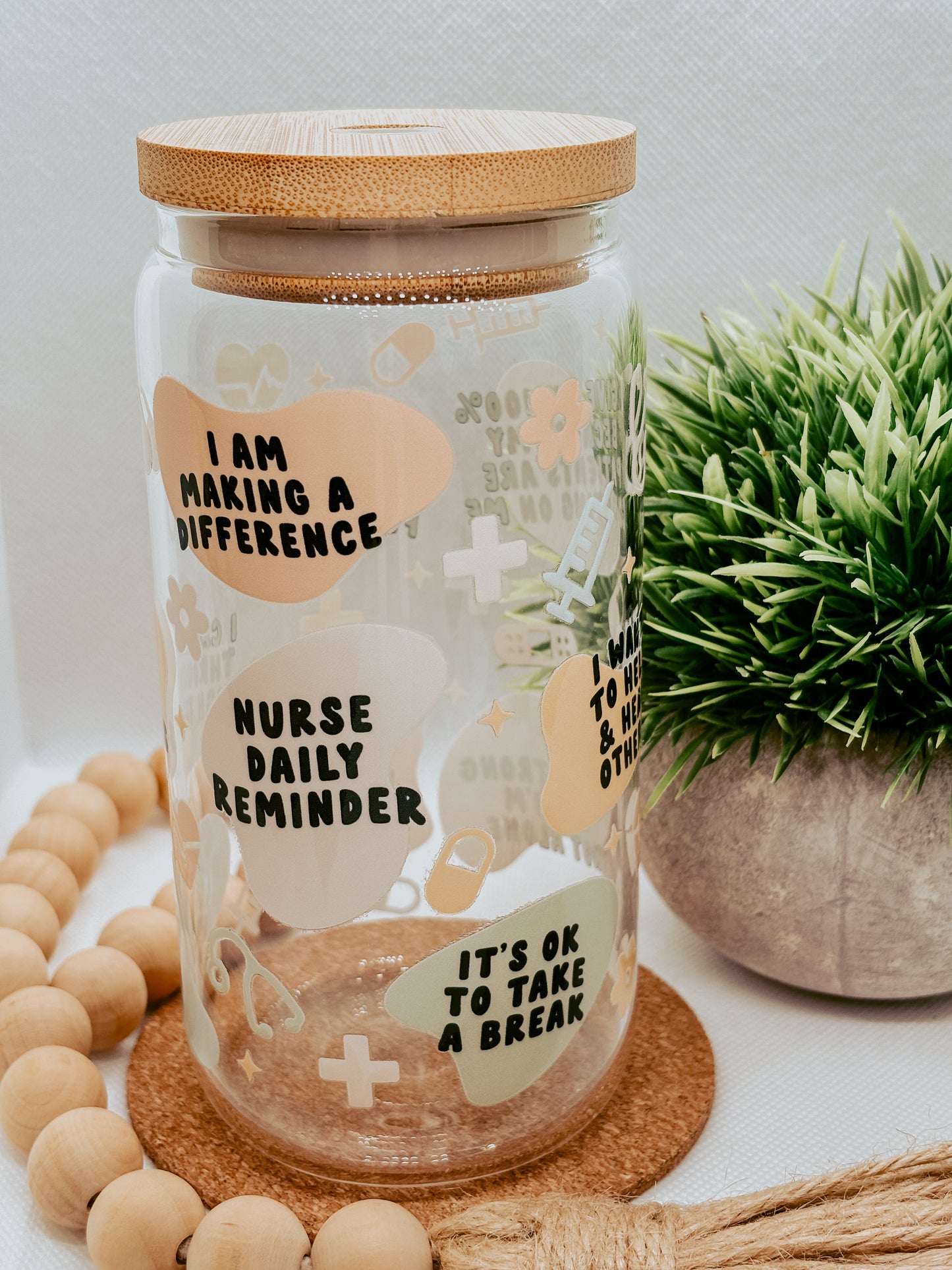 Nurse Affirmation | 16oz Glass Cup with bamboo lid + clear glass straw