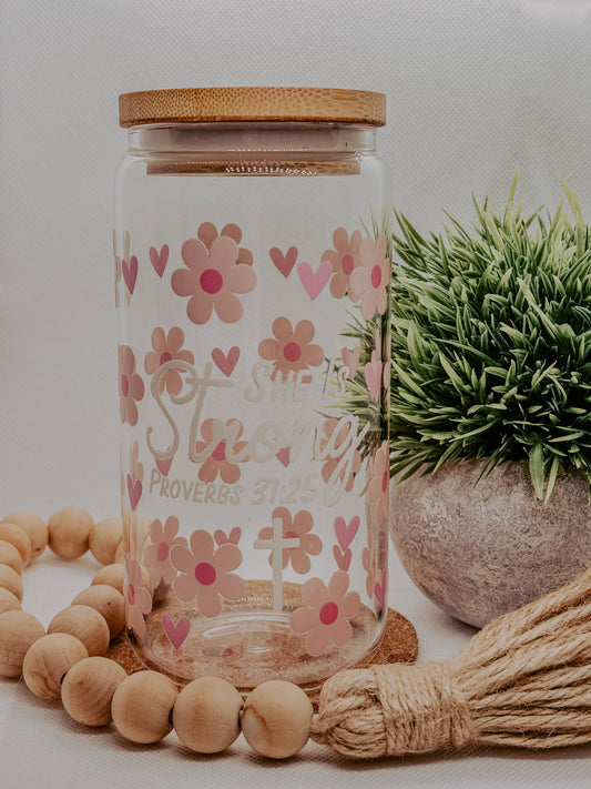 She Is Strong Proverbs 31:25| 16oz Glass Cup with bamboo lid + clear glass straw