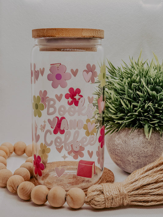 Books and Coffee | 16oz Glass Cup with bamboo lid + clear glass straw