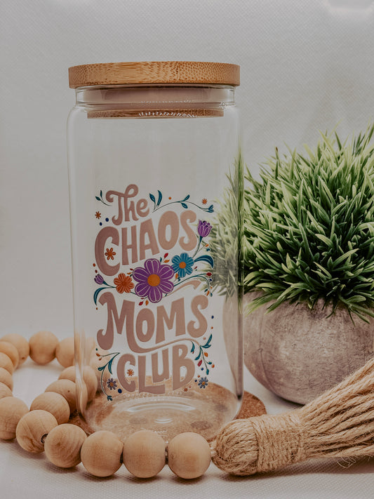 The Chaos Moms Club | 16oz Glass Cup with bamboo lid + clear glass straw