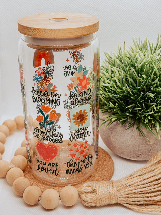 Positive Affirmation | 16oz Glass Cup with bamboo lid + clear glass straw