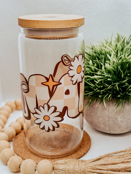 Mama | 16oz Glass Cup with bamboo lid + clear glass straw
