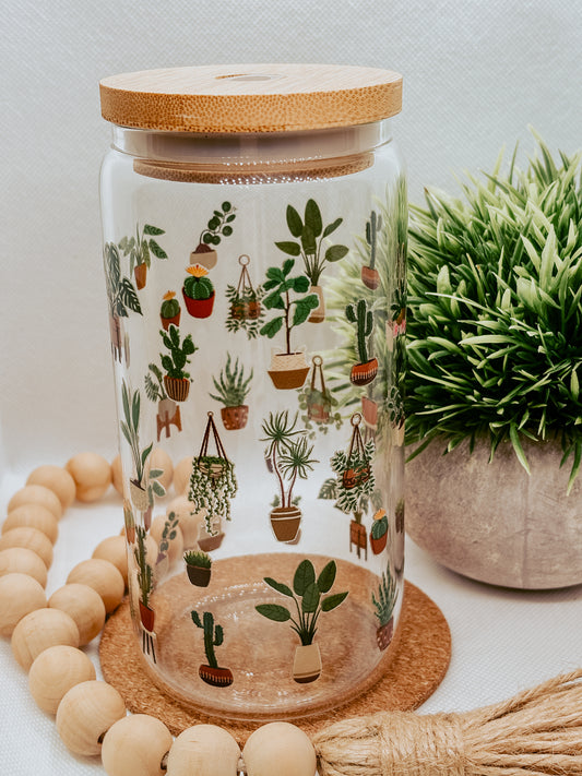 House Plants | 16oz Glass Cup with bamboo lid + clear glass straw