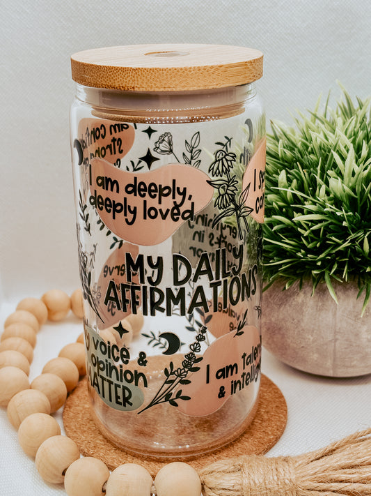 Daily Affirmation  | 16oz Glass Cup with bamboo lid + clear glass straw