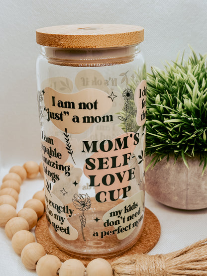 Mom's Self Love | 16oz Glass Cup with bamboo lid + clear glass straw