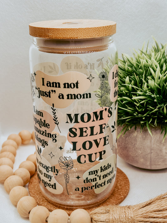 Mom's Self Love | 16oz Glass Cup with bamboo lid + clear glass straw
