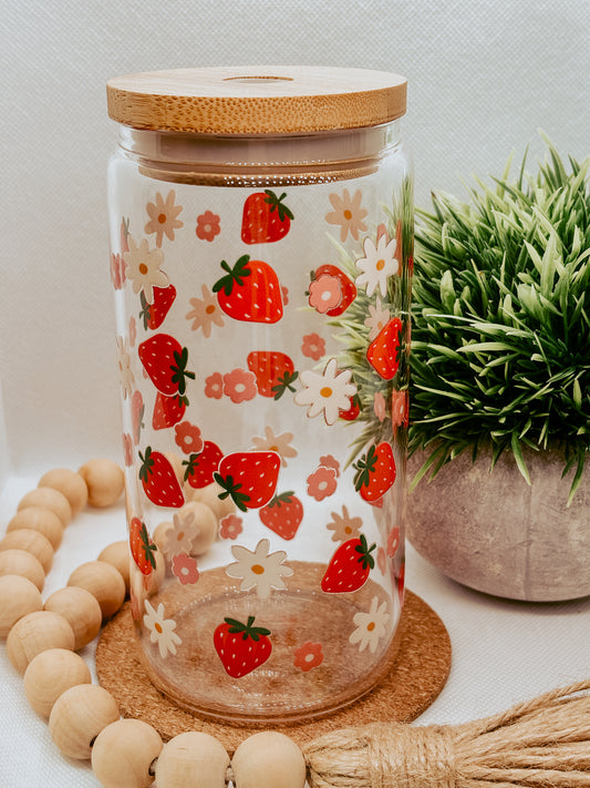 Floral Strawberry | 16oz Glass Cup with bamboo lid + clear glass straw
