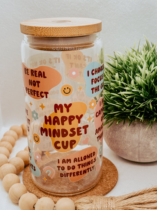 My Happy Mindset | 16oz Glass Cup with bamboo lid + clear glass straw
