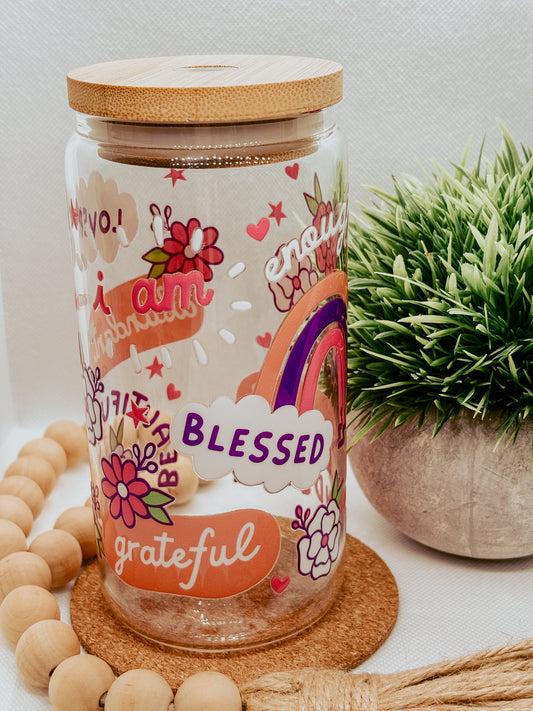 I Am Worthy Affirmation | 16oz Glass Cup with bamboo lid + clear glass straw