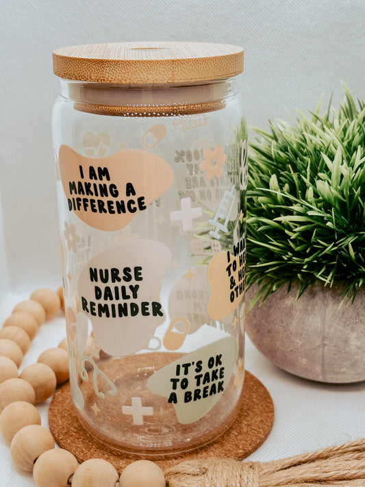 Nurse Affirmation | 16oz Glass Cup with bamboo lid + clear glass straw