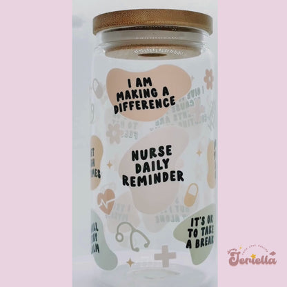 Nurse Affirmation | 16oz Glass Cup with bamboo lid + clear glass straw