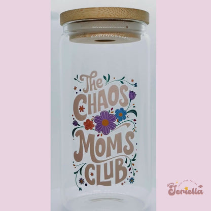 The Chaos Moms Club | 16oz Glass Cup with bamboo lid + clear glass straw