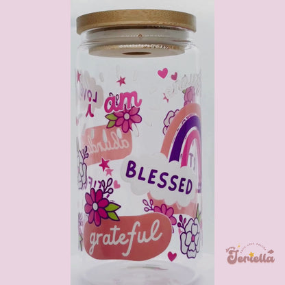 I Am Worthy Affirmation | 16oz Glass Cup with bamboo lid + clear glass straw
