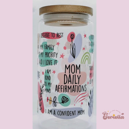 Mom Life Affirmation | 16oz Glass Cup with bamboo lid + clear glass straw