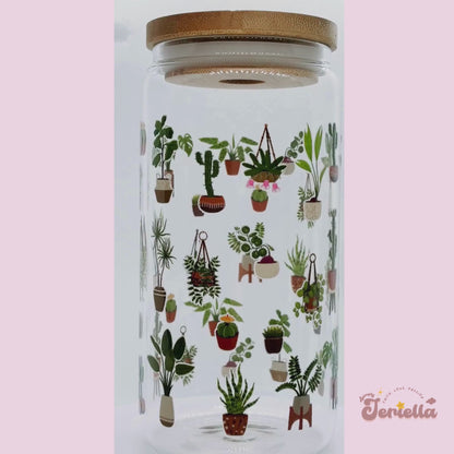 House Plants | 16oz Glass Cup with bamboo lid + clear glass straw