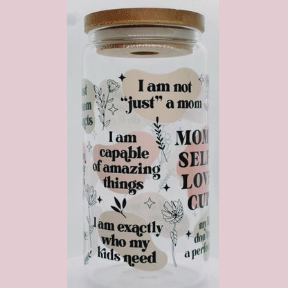 Mom's Self Love | 16oz Glass Cup with bamboo lid + clear glass straw