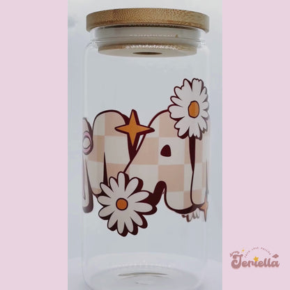 Mama | 16oz Glass Cup with bamboo lid + clear glass straw