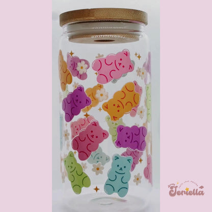 Colorful Gummy Bear | 16oz Glass Cup with bamboo lid + clear glass straw