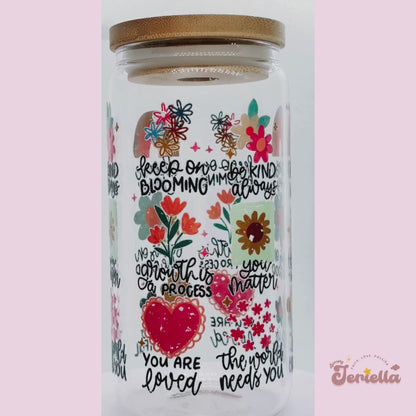 Positive Affirmation | 16oz Glass Cup with bamboo lid + clear glass straw